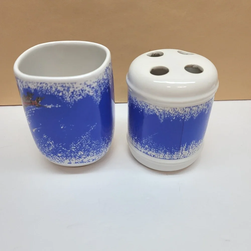 Vintage Christmas Santa Sleigh Ceramic Toothbrush Holder and Cup Set Blue White